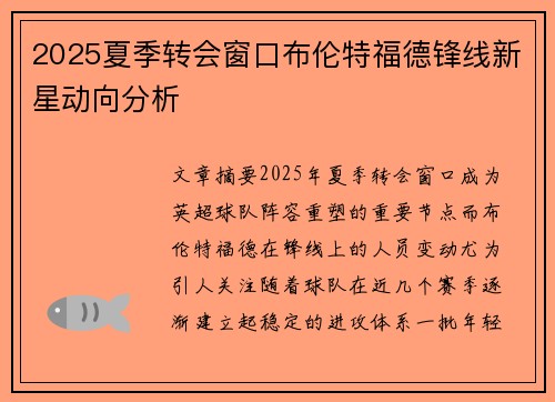 2025夏季转会窗口布伦特福德锋线新星动向分析 2025夏季转会窗口布伦特福德锋线新星动向分析